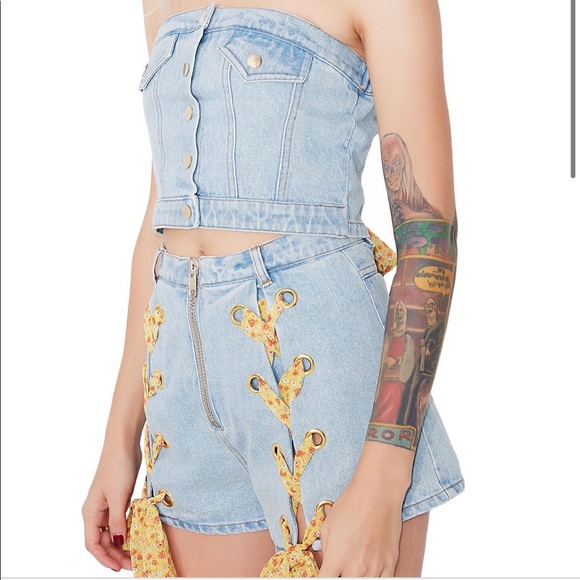 🆕denim set bustier+high waisted shorts M - Picture 7 of 8
